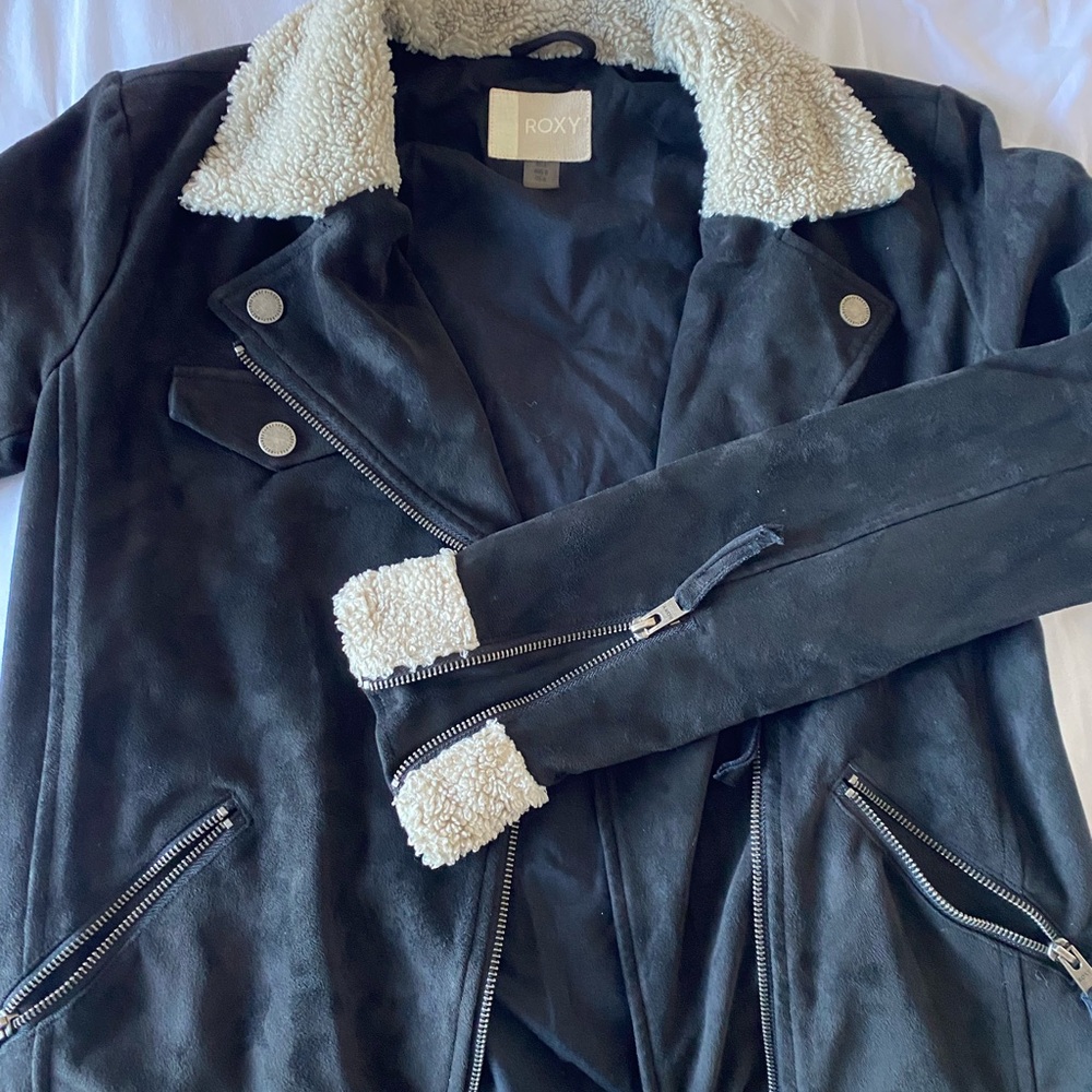 Roxy Black Leather Jacket with Cream Details